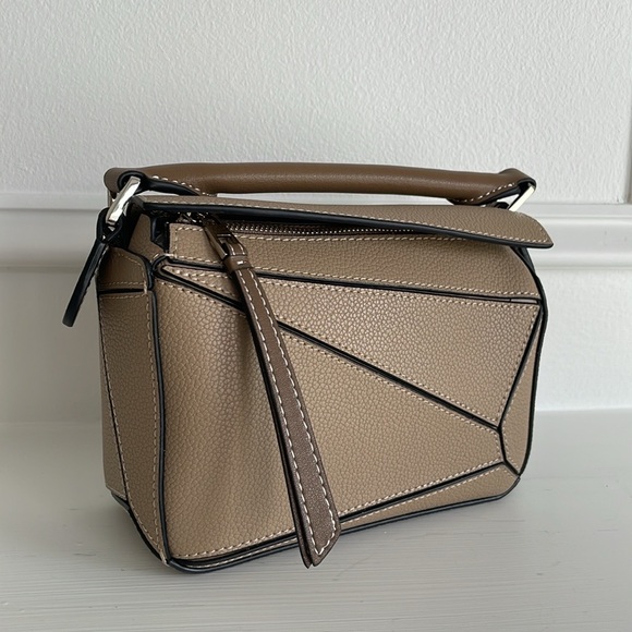 Mini Geo Panel Structured Bicolor Top Handle Bag - Taupe & Brown - Picture 1 of 13